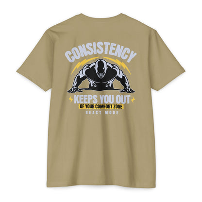Consistency Keeps You Out of Your Comfort Zone motivational t-shirt for men — Beast Mode Mentality product photo