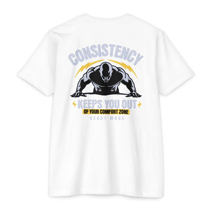 Consistency Keeps You Out of Your Comfort Zone motivational t-shirt for men — Beast Mode Mentality product photo