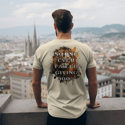 No One Ever Failed Giving 100% t-shirt in Cream — back print design