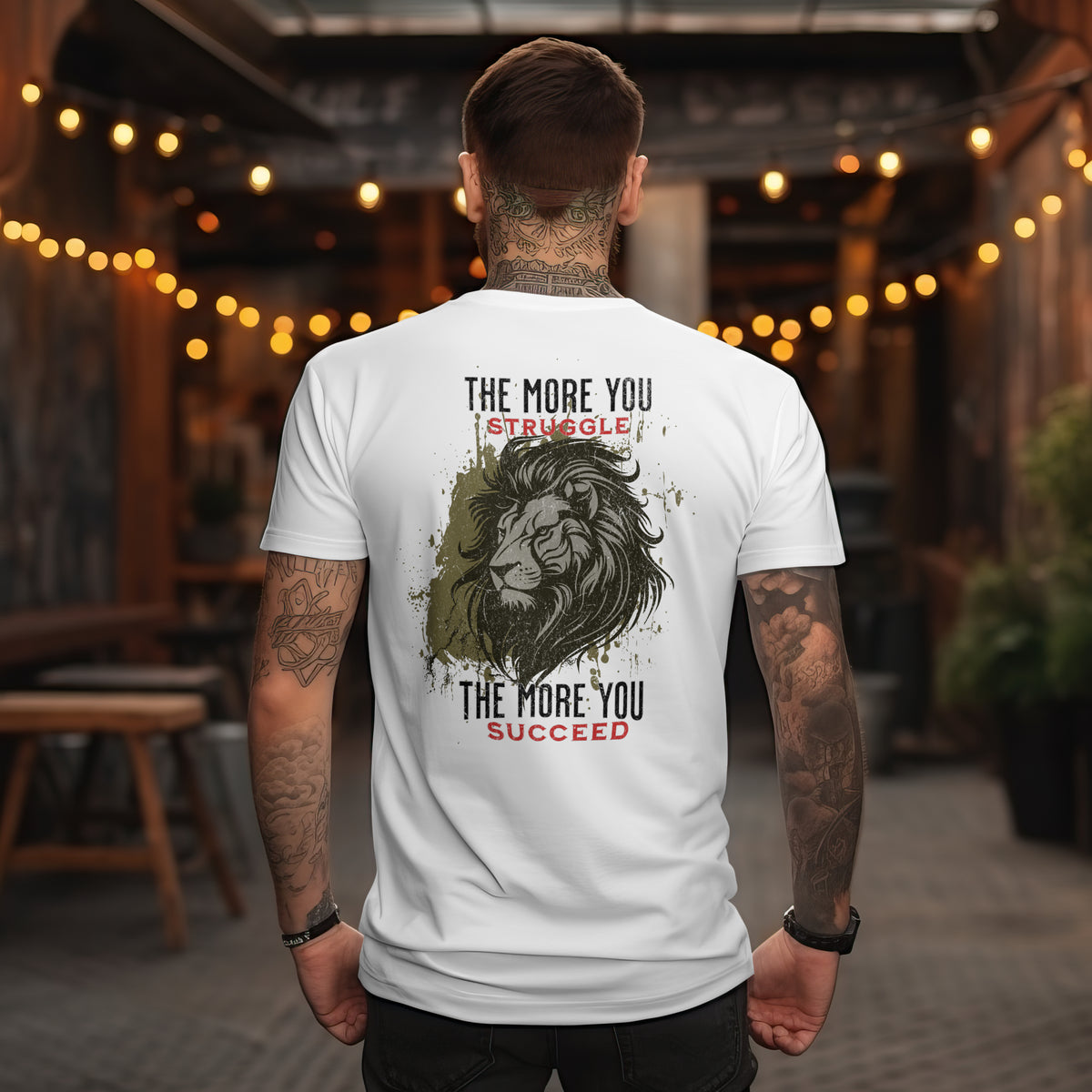 The More You Struggle, The More You Succeed t-shirt in White — back print design