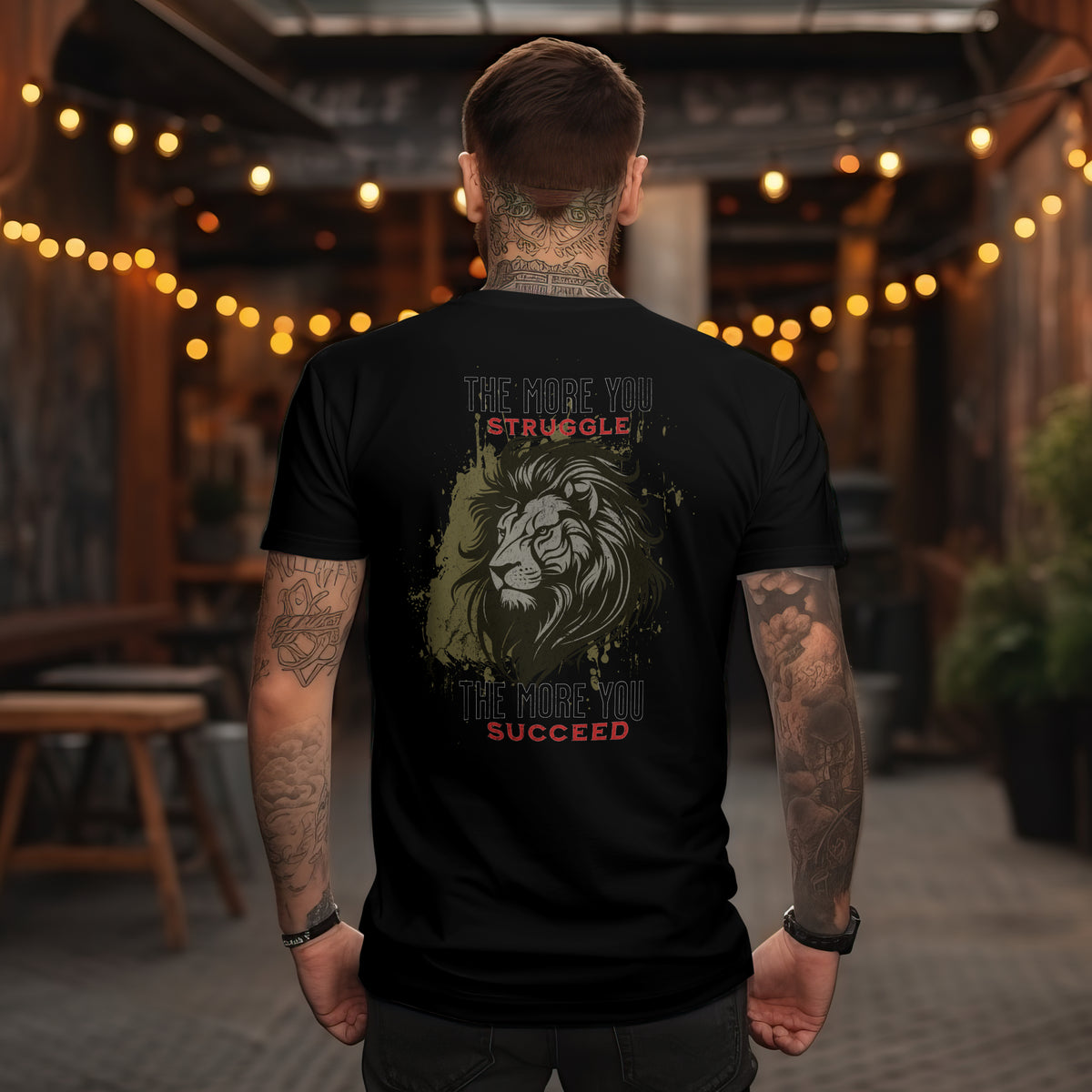 The More You Struggle, The More You Succeed t-shirt in Black — back print design