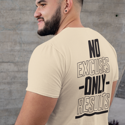 No Excuses Only Results t-shirt in Cream — back print design