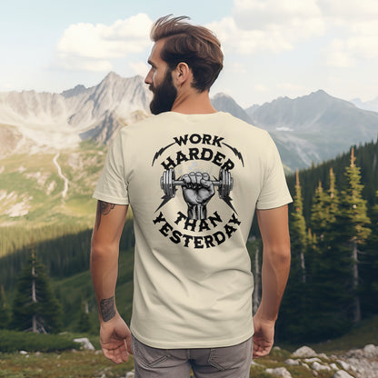 Work Harder Than You Did Yesterday t-shirt in Cream — back print design