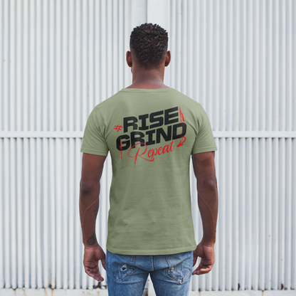 Rise Grind Repeat t-shirt in Light Olive — back print design