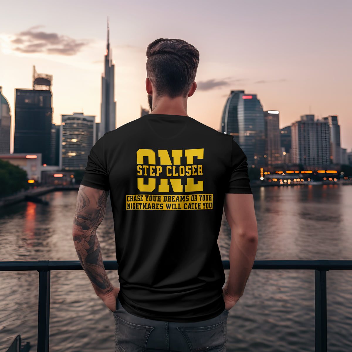 Chase Your Dreams or Your Nightmares Will Catch You t-shirt in Black — back print design
