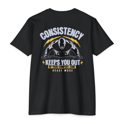 Consistency Keeps You Out of Your Comfort Zone motivational t-shirt for men — Beast Mode Mentality product photo