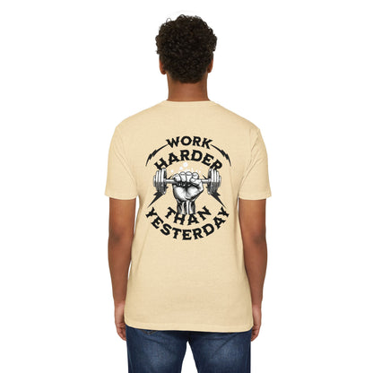 Work Harder Than You Did Yesterday motivational t-shirt for men — Beast Mode Mentality product photo