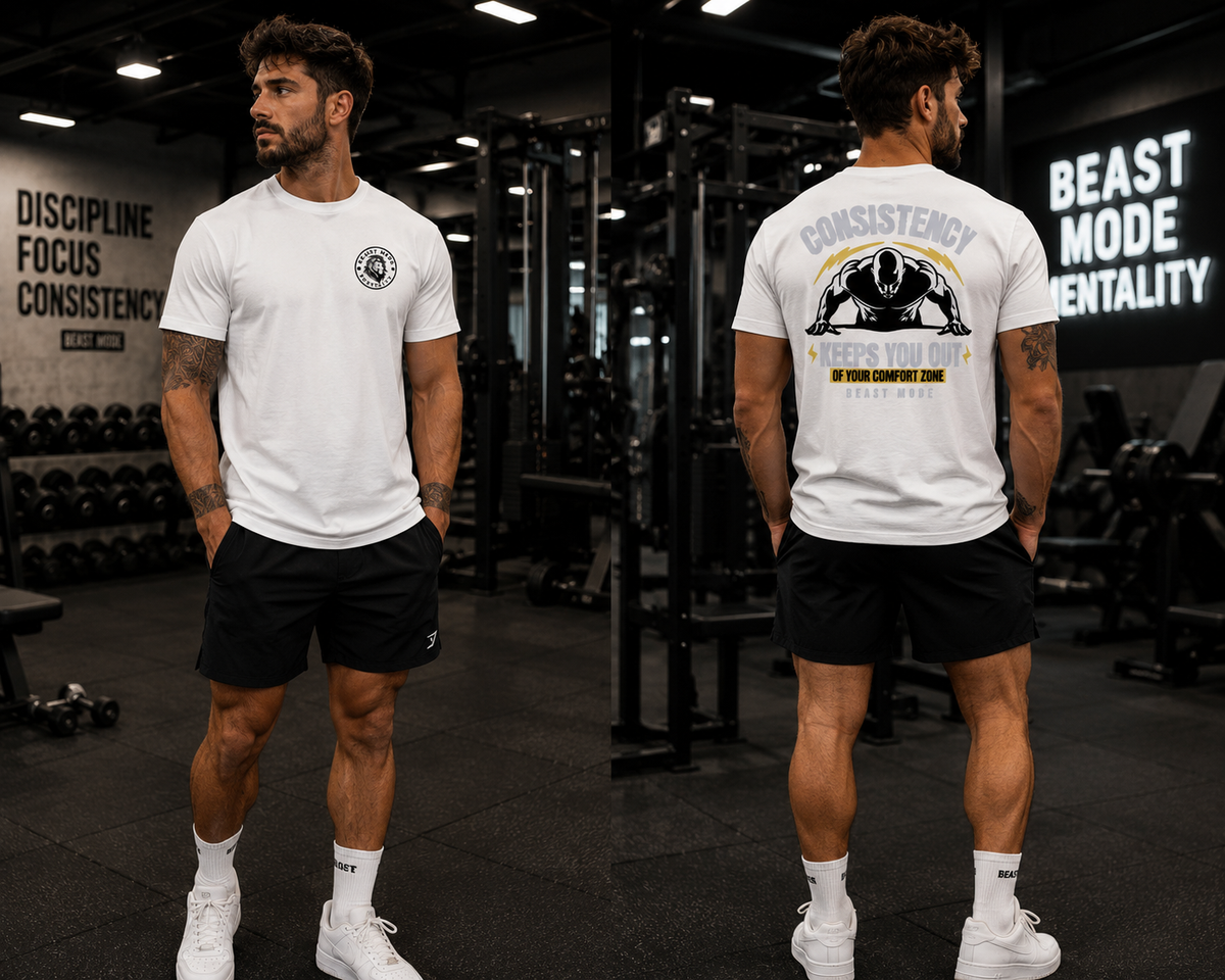 Consistency Keeps You Out of Your Comfort Zone t-shirt in White — back print design