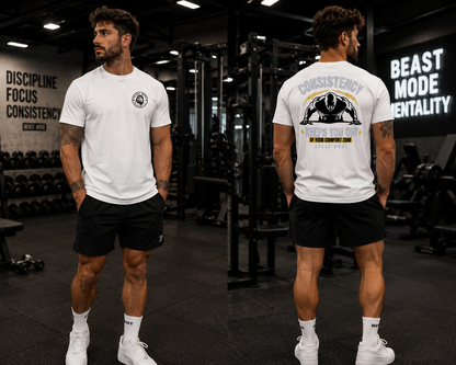 Consistency Keeps You Out of Your Comfort Zone t-shirt in White — back print design