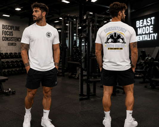 A man in a gym is shown from the front and back wearing a white t-shirt with a black and gold graphic design. The front of the shirt features a small circular logo on the left chest, and the back features a large graphic of a muscular arm with the text 'CONSISTENCY' and 'BEAST MODE'.