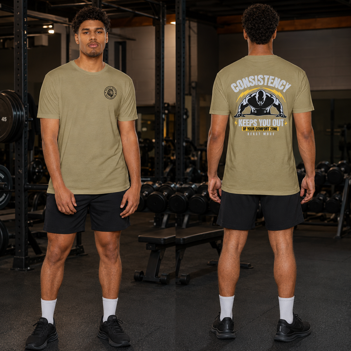 Consistency Keeps You Out of Your Comfort Zone t-shirt in Light Olive — back print design